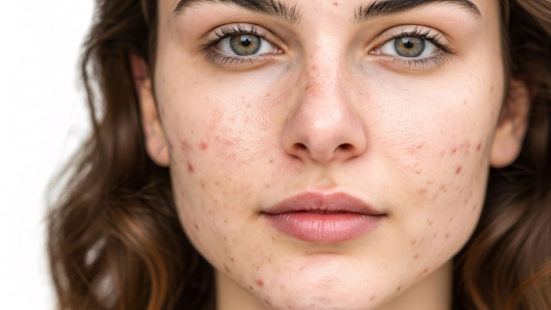 Devojka sa vidljivim bubuljicama na licu na obrazima i bradi